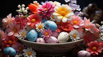 Beautiful floral arrangement with spring flowers and Easter eggs closeup.