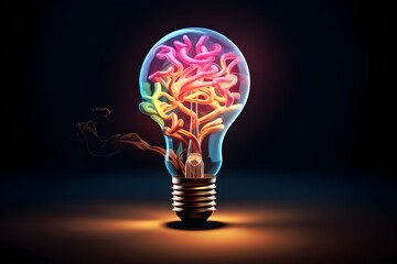 Ideas concept brain inside the light bulb on colorful background
