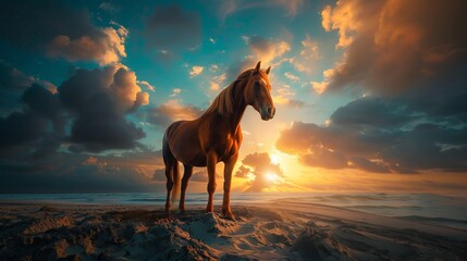 brown horse standing proudly on top of a sandy beach under a dramatic sky painted with shades of blue and orange, - obrazy, fototapety, plakaty
