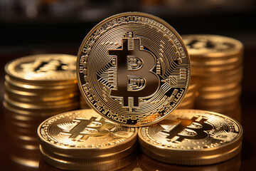 Bitcoin golden coins on a chart. Blockchain technology