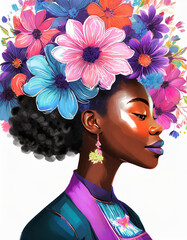 Illustration of a woman in peace with her hair blooming flowers all over. in pink, purple and blue  Women's Day. Empower Women. Generative Ai