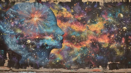 A mystical and otherworldly street art piece exploring themes of cosmos and spirituality.