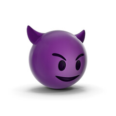 High quality emoticon smiling with horns, devil emoji isolated on white background. Purple face devil emoji.
