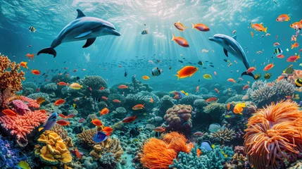 Fotobehang Underwater wildlife panorama Coral reef with wild dolphins and fishes © Kien
