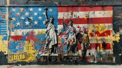 A patriotic and celebratory street art piece honoring national history and heroes.
