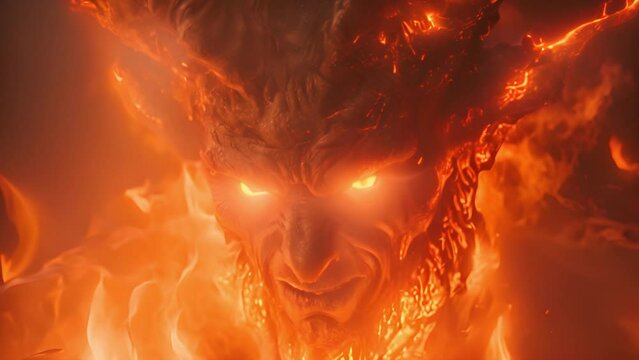 Devil or demon burning in fire. Animation of the appearance of a devil from the darkness or fire. Horror or religion scene. Burning in hell 4k video darkness