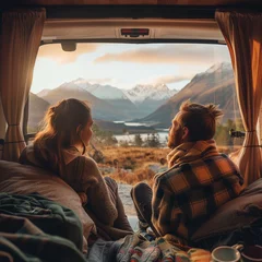 Tuinposter couple dans un van avec un paysage de montagne © Magalice