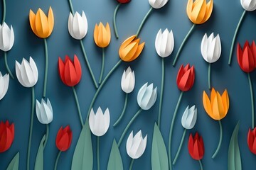 Spring’s Embrace: A Vivid Array of Tulips Against a Calm Blue - Generative AI