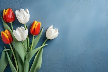 Spring’s Embrace: A Vivid Array of Tulips Against a Calm Blue - Generative AI