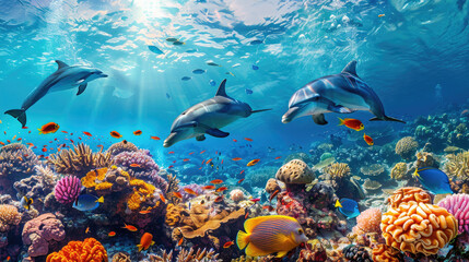 Underwater wildlife panorama Coral reef with wild dolphins and fishes