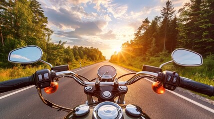 Motorcycle cruising on highway at sunset, point of view of rider on fast moving bike - obrazy, fototapety, plakaty