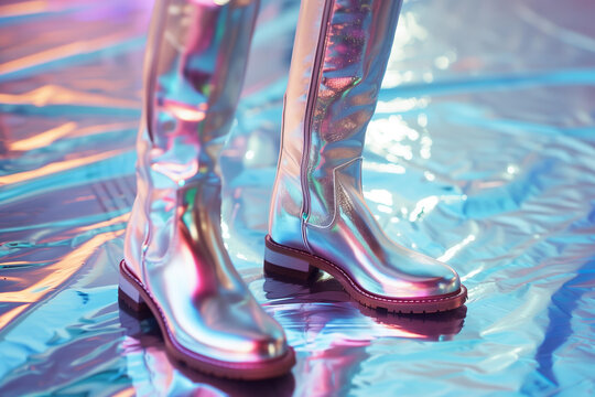 trendy silver boots on a holographic background