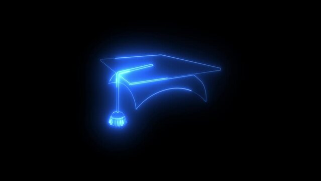 Neon glowing blue graduate cap icon animation in black background