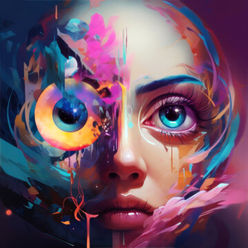 generated illustration of  pretty woman human eye is painted in multicolored colors.