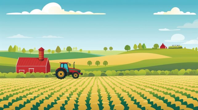 Abstract farming and agriculture background with fields, tractors, and farm elements