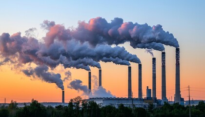 Factory chimneys emit carbon emissions into dense smog, depicting environmental impact of pollution.