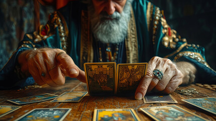 Foretelling the future using tarot cards, conducted by a seasoned and wise elderly individual - obrazy, fototapety, plakaty