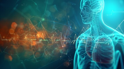 Abstract medical and healthcare background with heartbeat lines and human anatomy - obrazy, fototapety, plakaty