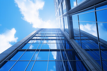 Fototapeta na wymiar Office building with blue sky background, seen from below, 3d rendering
