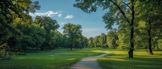 A tranquil park scene with lush green grass, trees with full foliage, winding pathways, and a solitary bench under the shade.