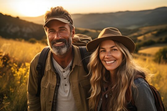 Portrait of happy couple looking at camera while standing in field at sunset
