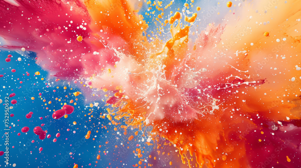 Aufkleber a vibrant explosion of colored paint splashes against a blue background, featuring a dynamic array o