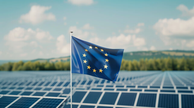 EU flag flying over a solar panel field, symbolizing renewable energy in Europe. - Powered by Adobe