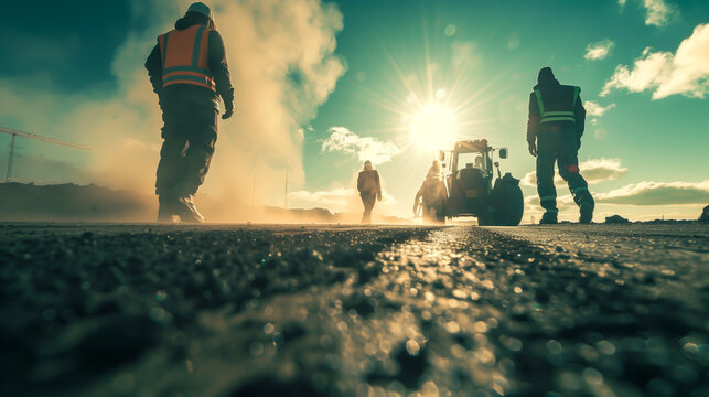 Construction workers at a road work site with heavy machinery and rising dust.