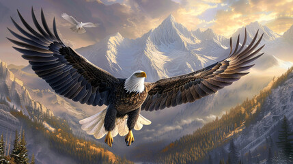 A majestic bald eagle soaring through the sky, its wings spread wide, captured against a solid alabaster background.