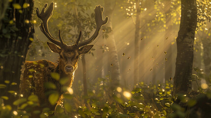 A majestic deer with antlers in a dense forest, captured in a shaft of golden sunlight filtering through the foliage.