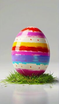 Painted Easter egg on light background rotates around its axis. Concept of seasonal Easter decoration, artistic craft, festive egg painting, holiday tradition. Vertical format