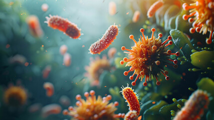 Microscopic organisms bacteria and cells and viruses under microscope - obrazy, fototapety, plakaty