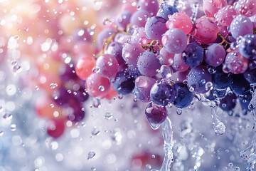 Clusters of juicy grapes with water droplets bursting and creating ripples in a colorful setting.