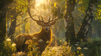 A majestic deer with antlers in a dense forest, captured in a shaft of golden sunlight filtering...