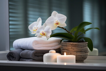 Spa Essentials with Orchids. A serene spa setting with white orchids, folded towels, and lit candles, depicting tranquility and relaxation.