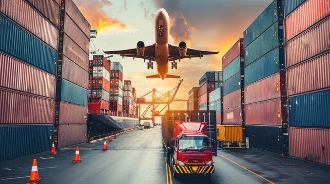 Transport logistics concept with aircraft, cargo ship, truck, and forklift in a collage.