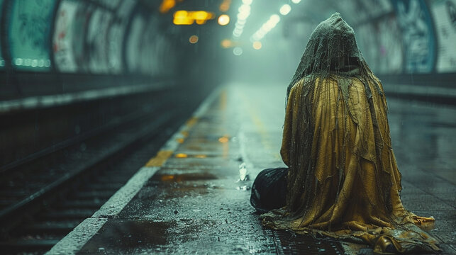 Lone figure covered with a golden shawl sitting on wet subway platform in the rain.