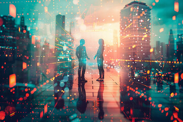 Fototapeta na wymiar Two silhouetted figures holding hands in a futuristic digital cityscape at dusk.
