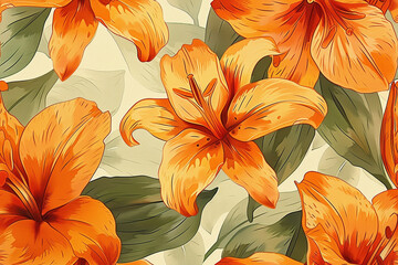 Illustration of bright orange lilies with lush green leaves on a pale background.