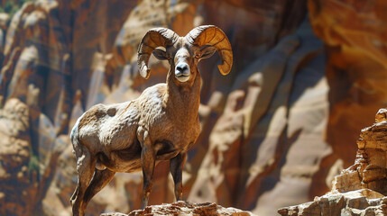 A majestic desert bighorn sheep standing proudly on a cliff against a desert backdrop.