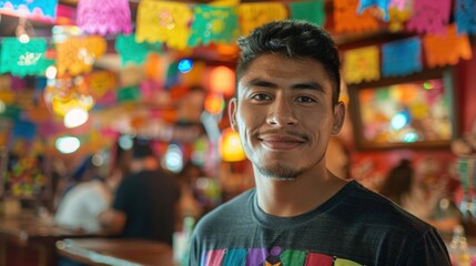 portrait of a young mexican young man celebrating cinco de mayo in a mexican pub