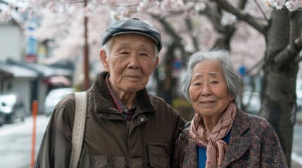 Fototapeta na wymiar portrait of an old japanese couple posing for a photo outdoor