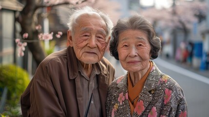 portrait of an old japanese couple posing for a photo outdoor