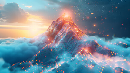 background with clouds and sun, Digital mountain The path to success or business goals achievement...