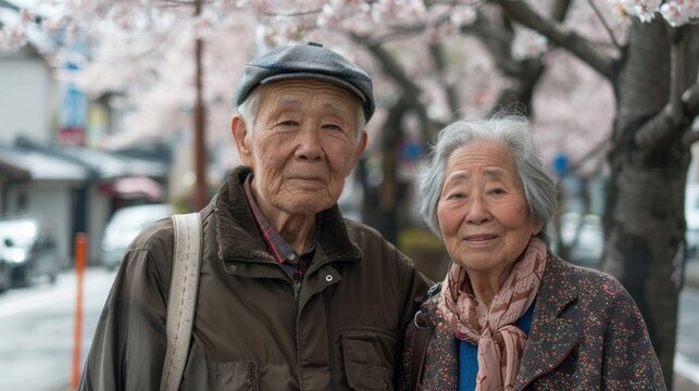 portrait of an old japanese couple posing for a photo outdoor