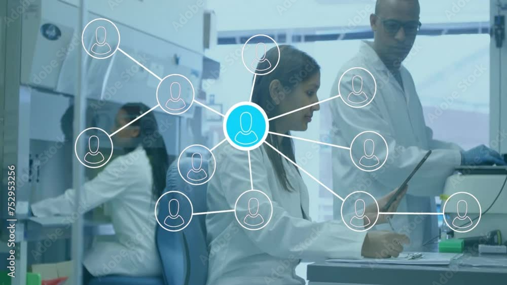 Aufkleber animation of network of people icons over diverse scientists at work in laboratory