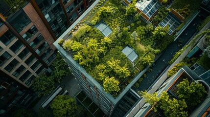 A captivating aerial perspective of a lush green roof nestled amidst the bustling cityscape, blending nature with contemporary architecture.
