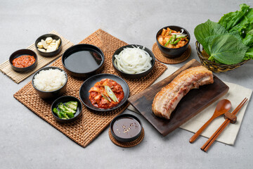 Korean food, pork belly, pork neck, oven, side dish, stew, kimchi, garlic, red pepper, green onion, mushroom, perilla leaf