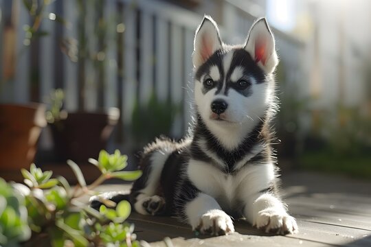 Husky Puppy on Wooden Patio in Black and Silver Style