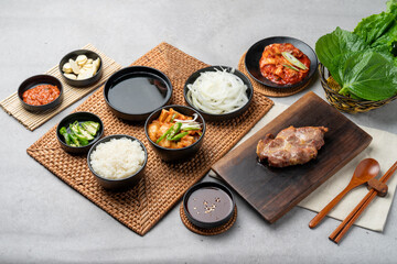 Korean food, pork belly, pork neck, oven, side dish, stew, kimchi, garlic, red pepper, green onion, mushroom, perilla leaf